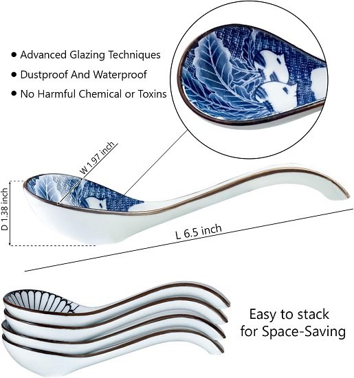Ceramic Soup Spoon, with Long Handle Easy to Hold, Non-slip Bottom, for Japanese Ramen, Chinese Wonton, Dumplings, Pho, Noodle Soup Spoons, Set of 4