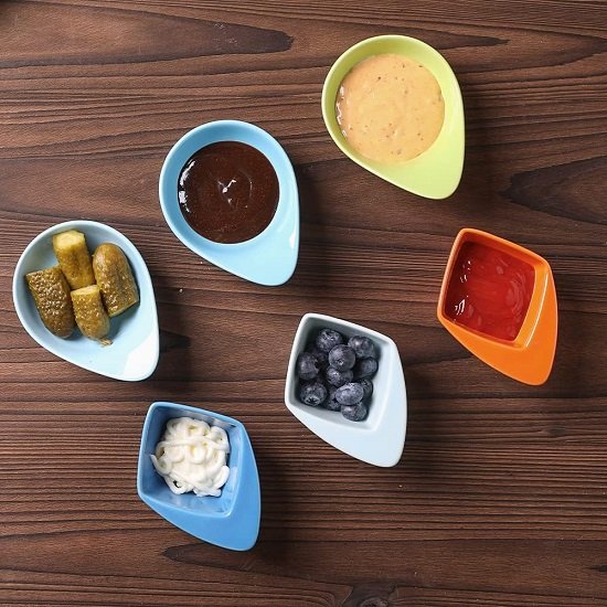 Porcelain Soy Sauce Dish, 3 Ounce Dipping Bowls with Handles for Ketchup, Appetizers, Condiment, Snack, Honey Mustard - Set of 6 (Turquoise, Round)