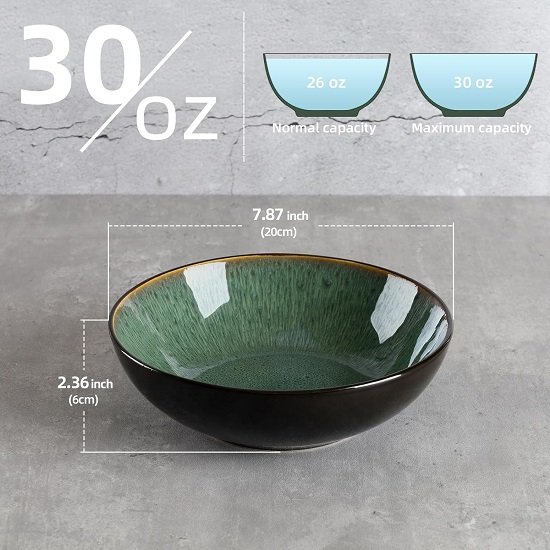 Green Cereal Bowls, 30oz Ceramic Large Bowls Set of 4, 8 Inch Serving Oven Safe Bowls for Kitchen, Microwave Dishwasher Safe, Home, Restaurant