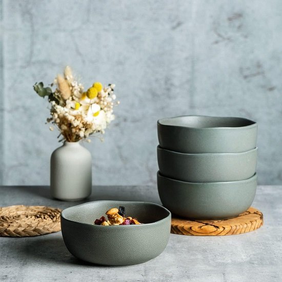 Stoneware Cereal Bowls for Kitchen, 28oz Large Ceramic Soup Bowls Set of 4 for Meal, Chip-Resistant Kitchen Bowls with Wavy Rim, Reactive Glaze Matte