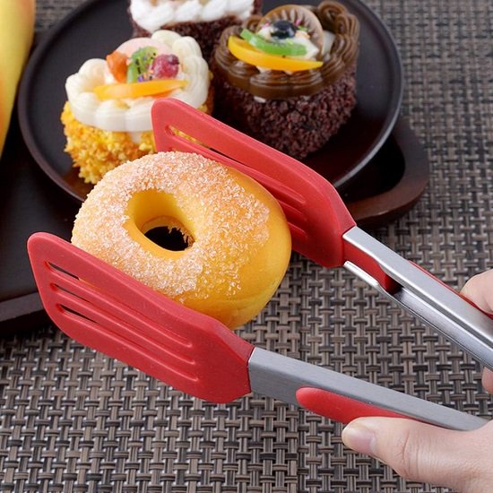 Cooking Tongs 9 inches and 12 inches Stainless Steel Kitchen Silicone Serving Tongs Heat Resistant Meat Turner Spatula Tongs Fish Tongs with Locking Handle Joint (Red)