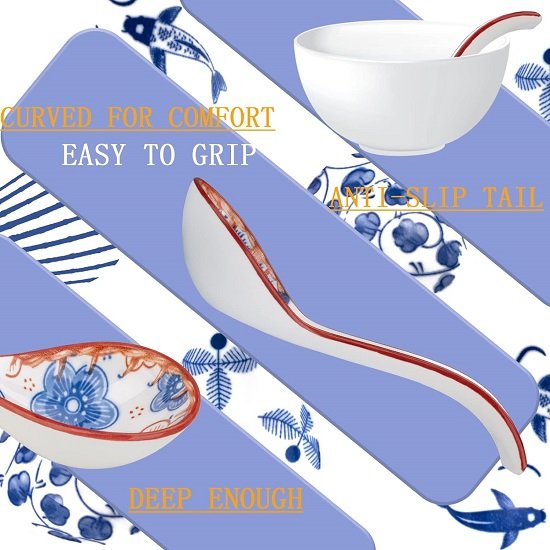 Ceramic Soup Spoons  - Soup Spoons with Long Curved Handle for Ramen Noodles,Dumpling,Rice(4 Pcs)