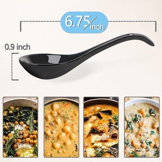 Soup Spoon, Black Ceramic Spoon Set of 6, Chinese Soup Spoon, 6.75" Ramen Spoon, Deep Oval Hook Design, Dishwasher Safe